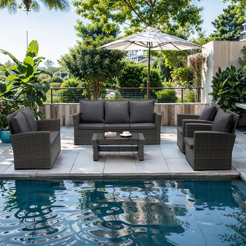 Gray Rattan Wicker 4 Piece Outdoor Patio Furniture Set with Cushion O816835