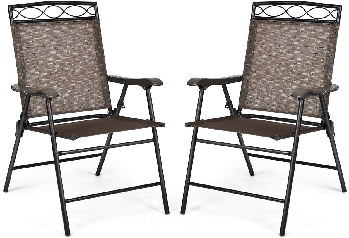 Set of 2 Folding Outdoor Sling Chairs with Armrest and Metal Frame J2521