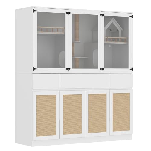 White Cat Litter Box Enclosure with Scratch Post, Stairs, Storage Drawers, Shelves, Sisal Doors E28383