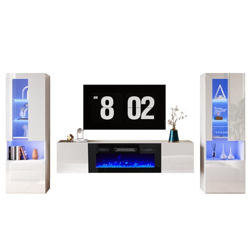 White High Gloss Entertainment Center with LED Lights, 40" Electric Fireplace, 2 Bookcases with Glass Doors B335557