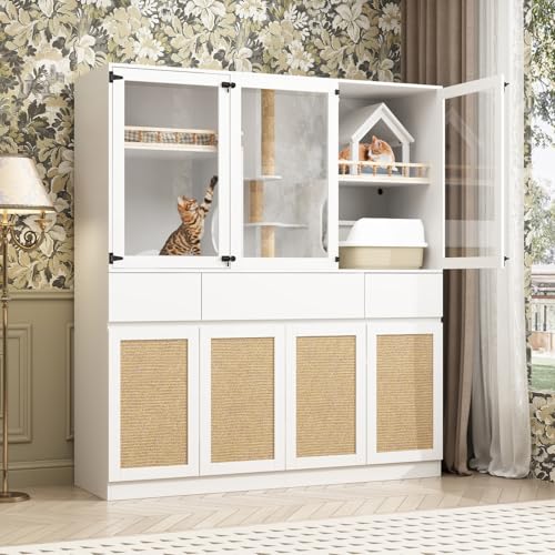 White Cat Litter Box Enclosure with Scratch Post, Stairs, Storage Drawers, Shelves, Sisal Doors E28383