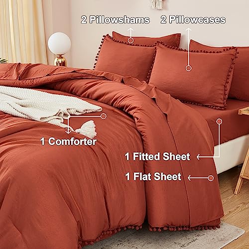 King Size 7 Pieces Terracotta Burnt Orange Comforter Set Q290