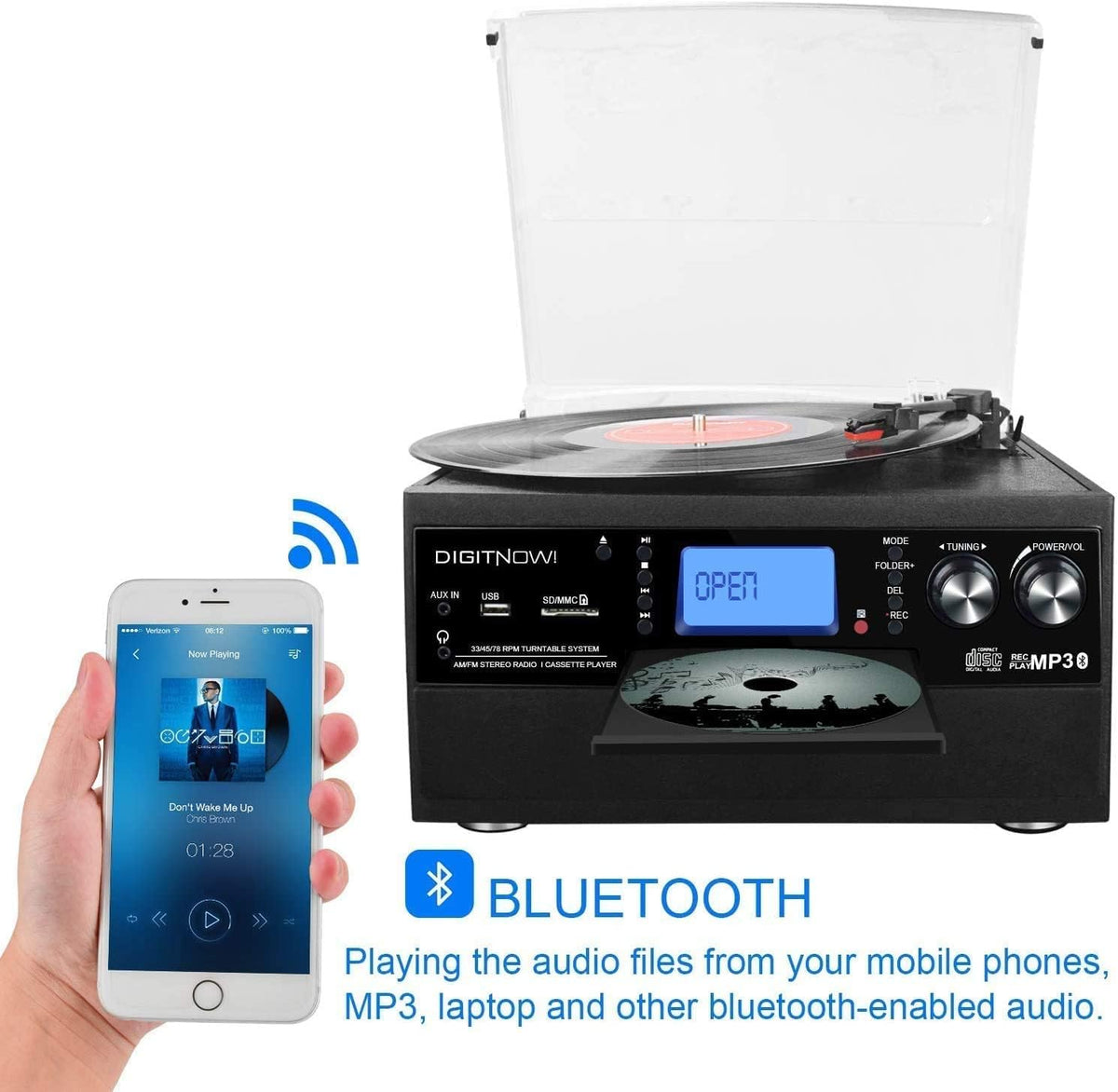 Bluetooth Record Player Turntable with Stereo Speaker E6605