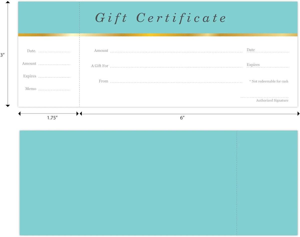 25 Set Aqua Blue Blank Gift Certificates with Matching Envelopes G9102