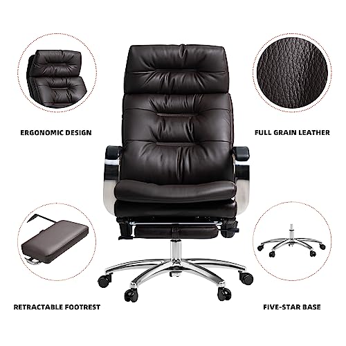Office Chair with Footrest Ergonomic Executive Reclining Genuine Leather Desk Chair R41894