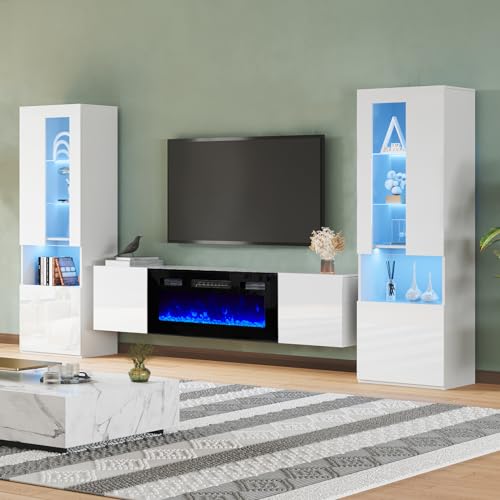 White High Gloss Entertainment Center with LED Lights, 40" Electric Fireplace, 2 Bookcases with Glass Doors B335557