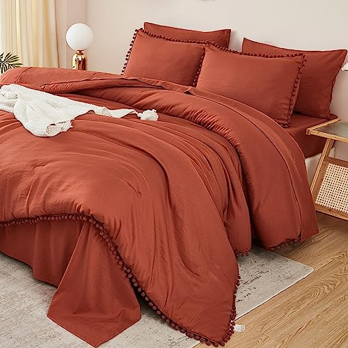 King Size 7 Pieces Terracotta Burnt Orange Comforter Set Q290