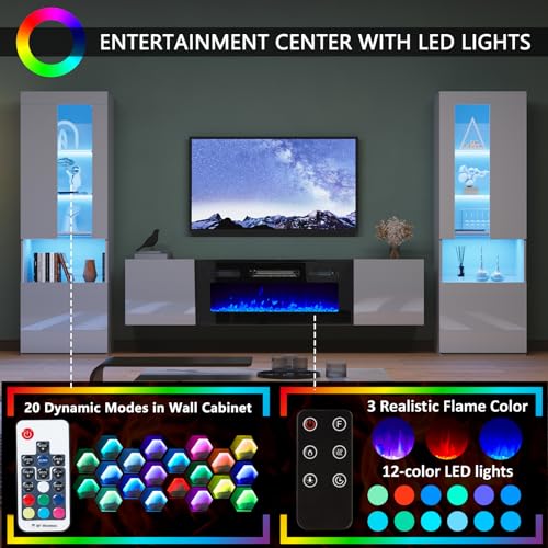 White High Gloss Entertainment Center with LED Lights, 40" Electric Fireplace, 2 Bookcases with Glass Doors B335557