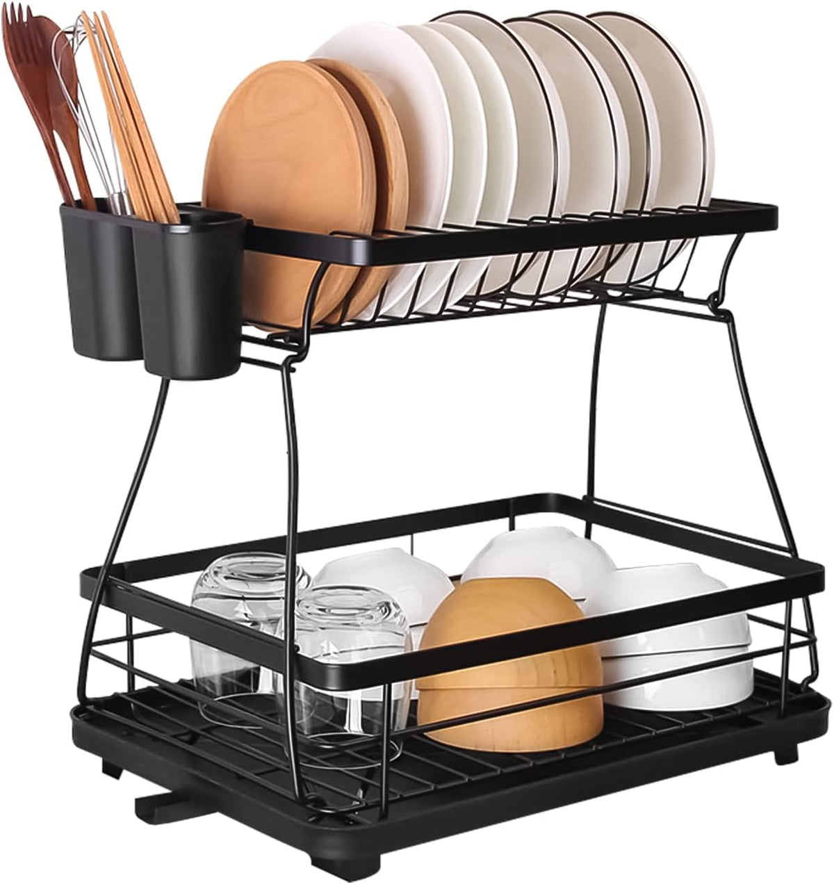 Black Dish Drying Rack with Drying Board and Utensil Holder O516777