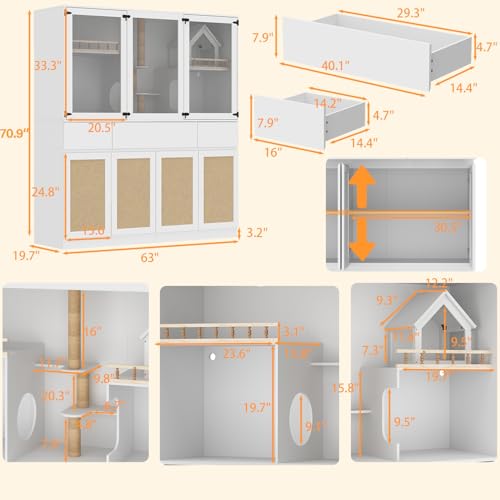 White Cat Litter Box Enclosure with Scratch Post, Stairs, Storage Drawers, Shelves, Sisal Doors E28383