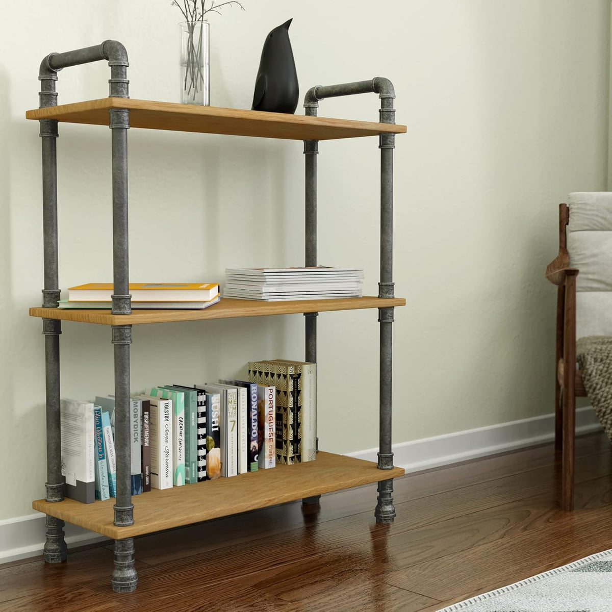 3-Tier Pine and Metal Bookshelf F557250