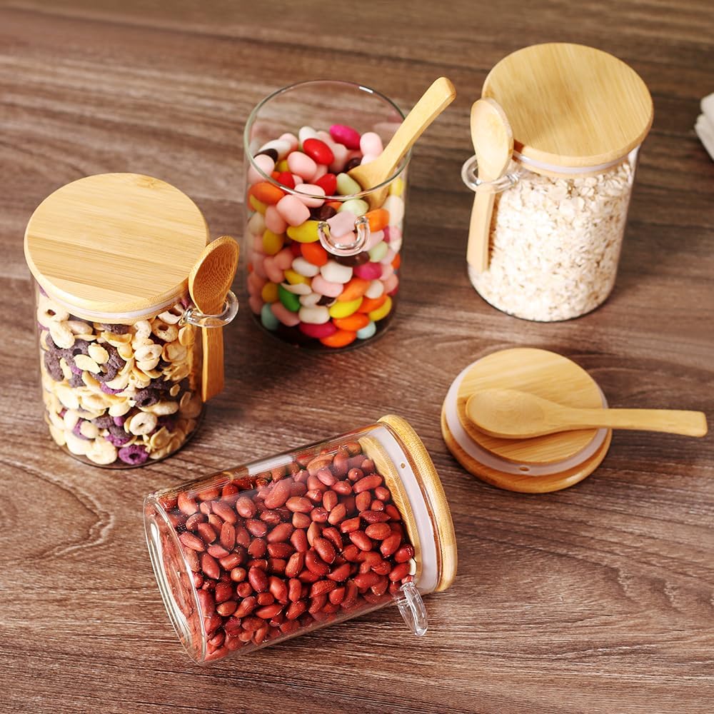 17 OZ Glass Containers with Bamboo Lids and Wooden Spoons (6 Pack) A6081