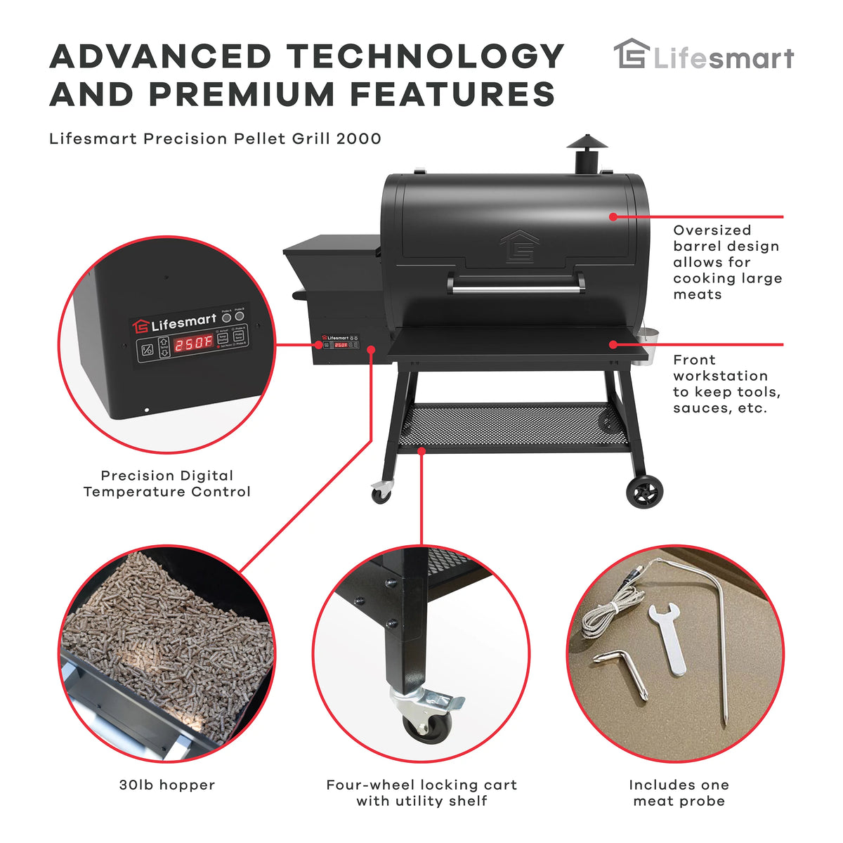 2000 Square Inch Pellet Grill and Smoker with 3 Cooking Racks O130