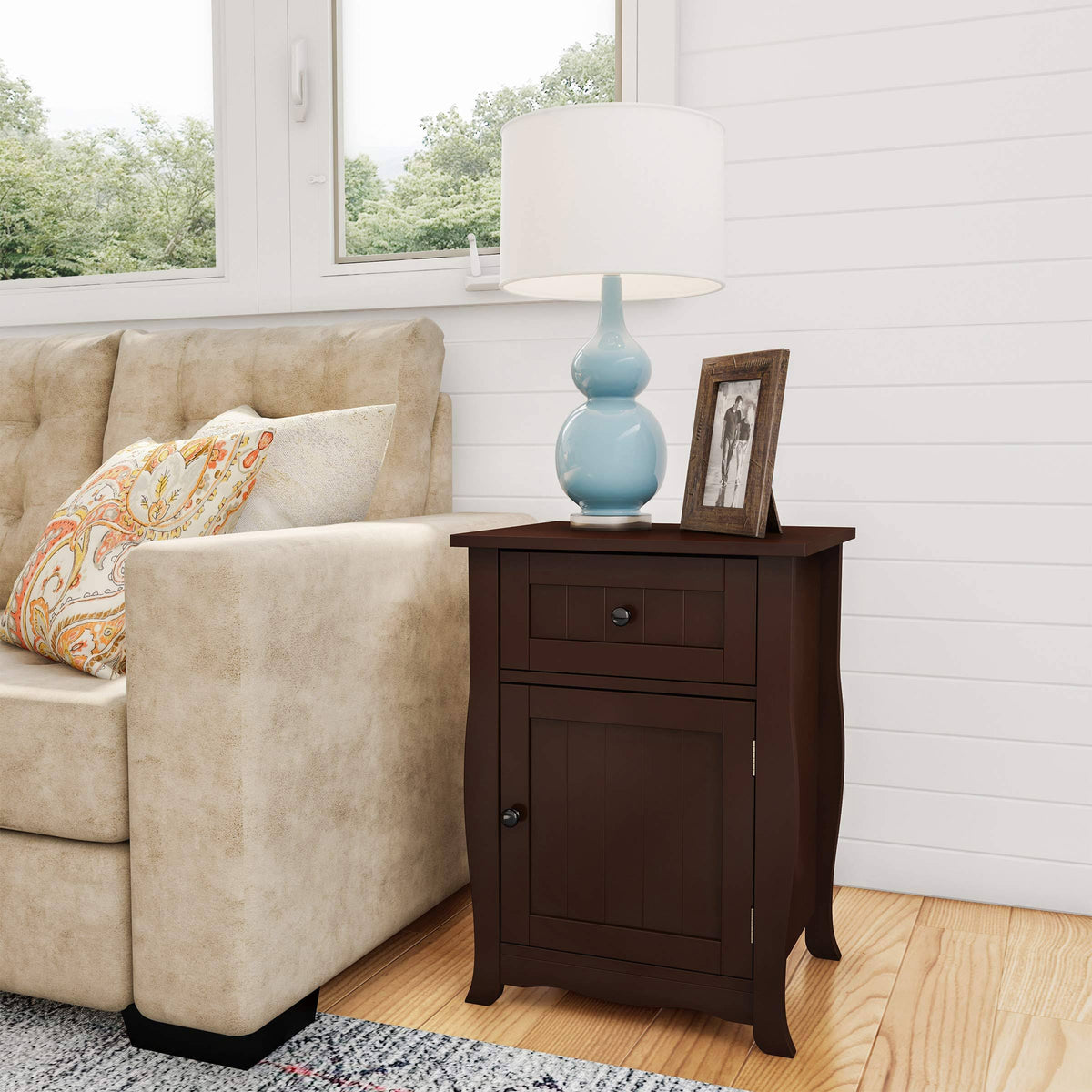 Dark Brown Accent Table with Storage Drawer and Cabinet W3658