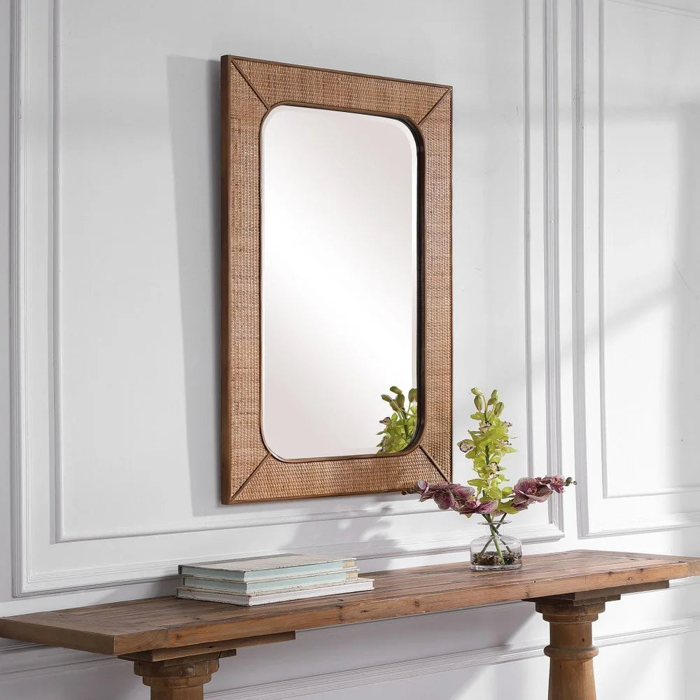 28 inches W X 42 inches H Rectangular Mirror with Woven Rattan Frame P13175