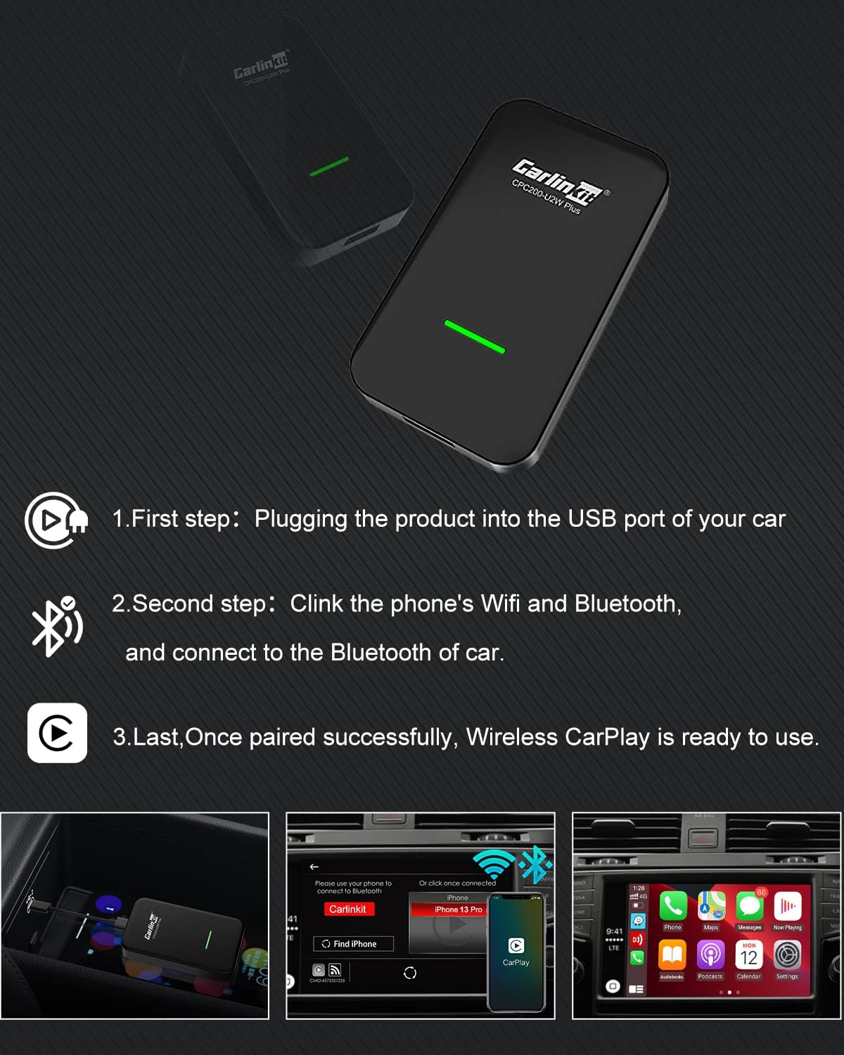Wireless CarPlay Adapter with 2 USB Cables E394224