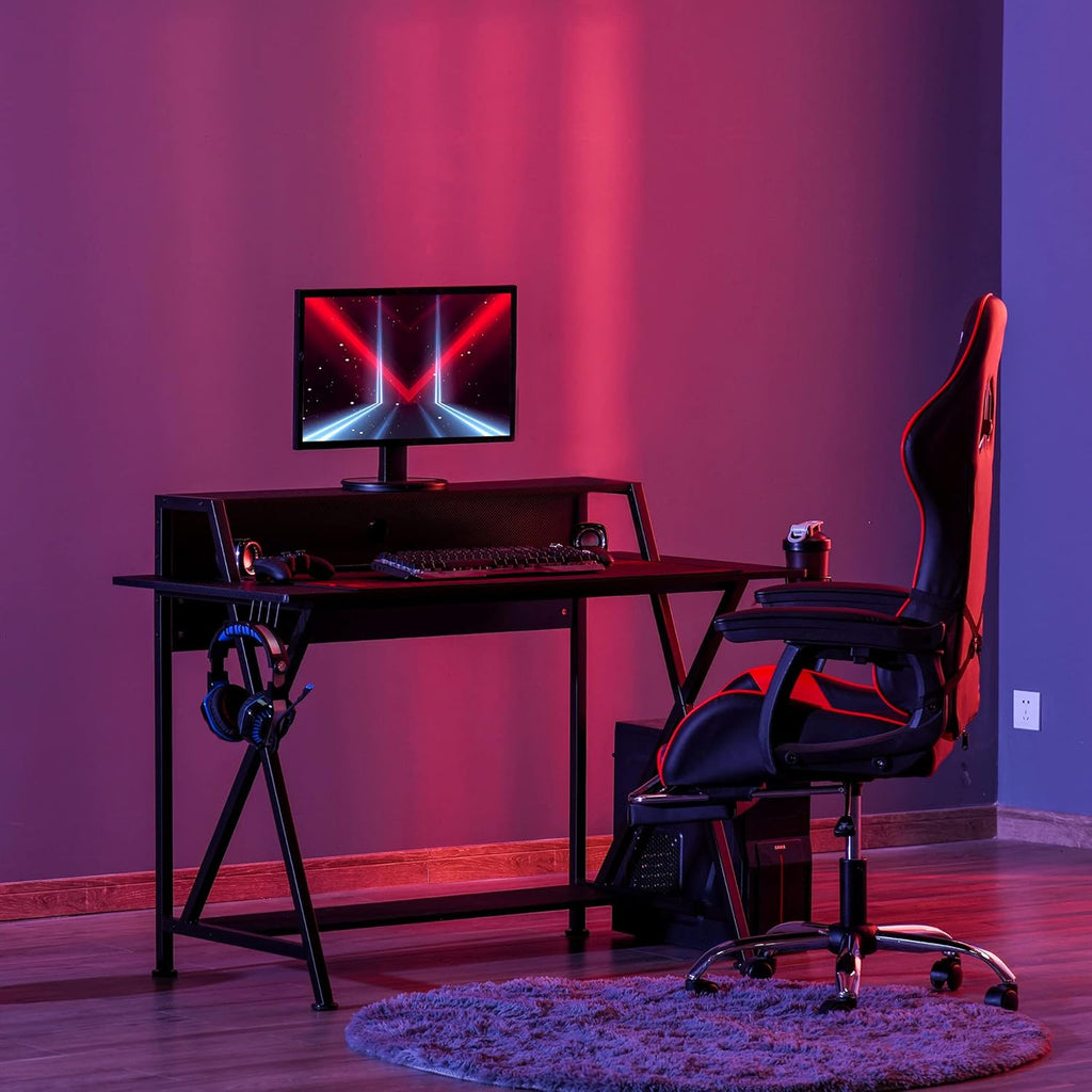 Black Carbon Fiber Style Gaming Desk with Elevated Monitor Shelf Z1646