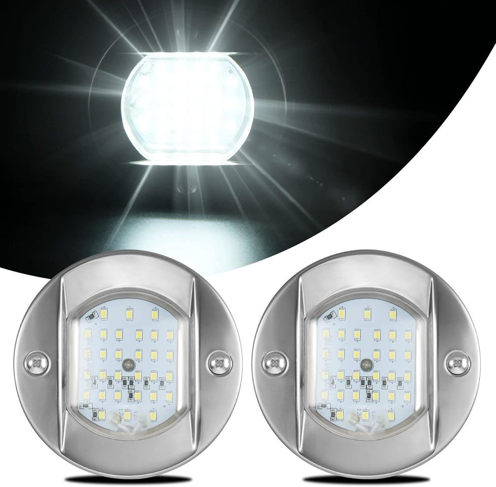 4 Round Marine Courtesy Indicator Lights, 1800LM 30LED IP68 Boat Transom Light Surface Mount Waterproof, 316 Stainless Steel, 2Pcs Cool White L241302