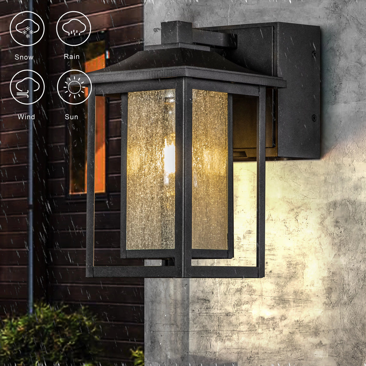 Black Dusk to Dawn Sensor Outdoor Wall Sconces with Seeded Glass and GFCI Outlets A70626