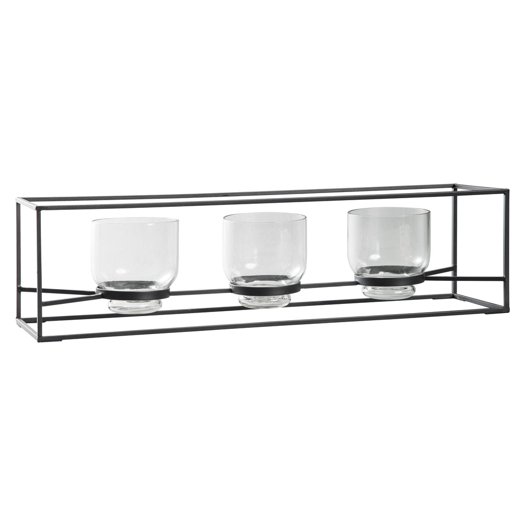 3 Glass Hurricane Candle Holders with Metal Frame, Black and Gold O847193