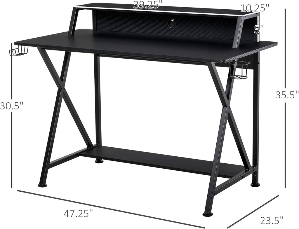Black Carbon Fiber Style Gaming Desk with Elevated Monitor Shelf Z1646