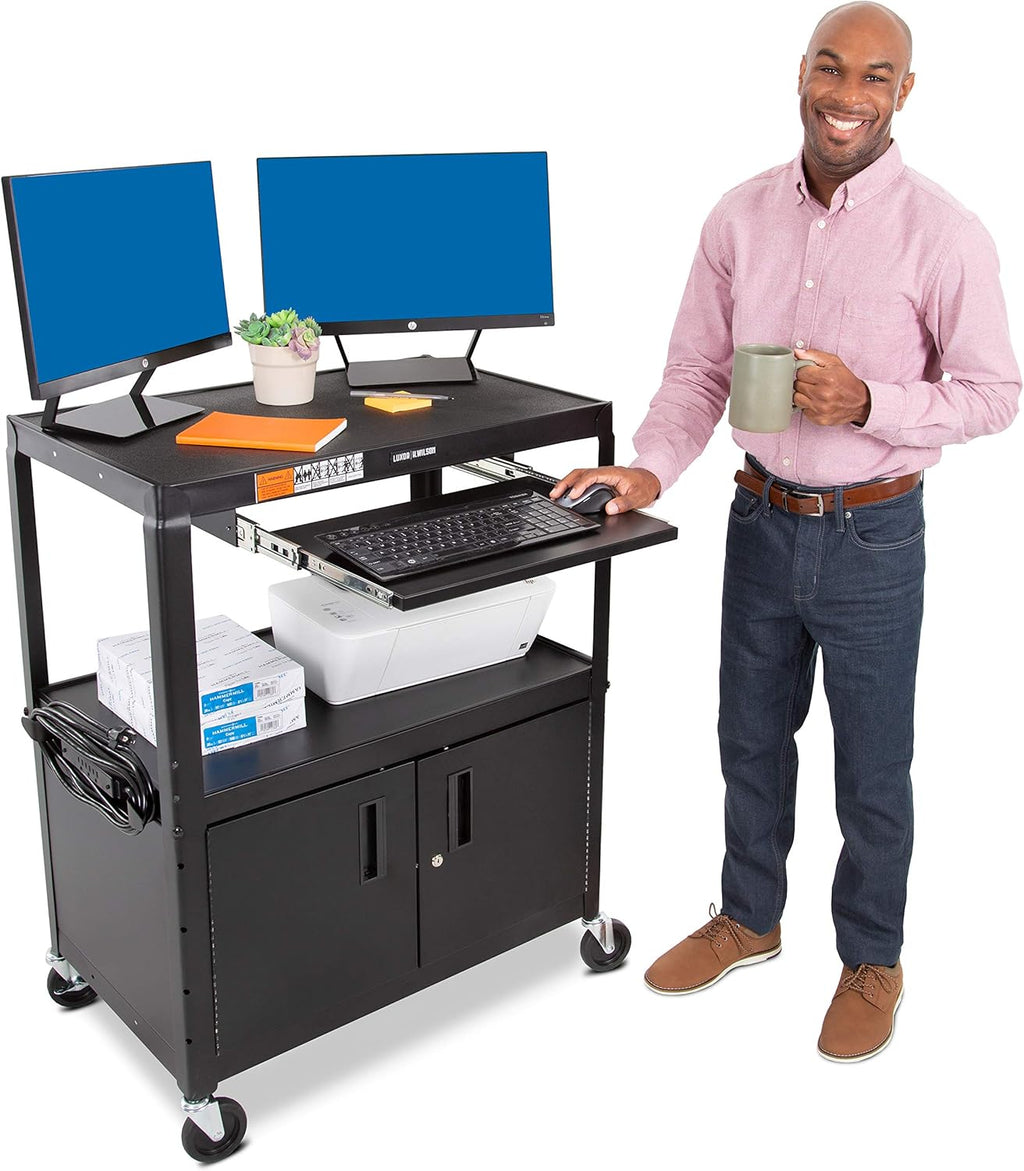 Extra Wide AV Cart with Locking Cabinet and Pullout Keyboard Tray S89360