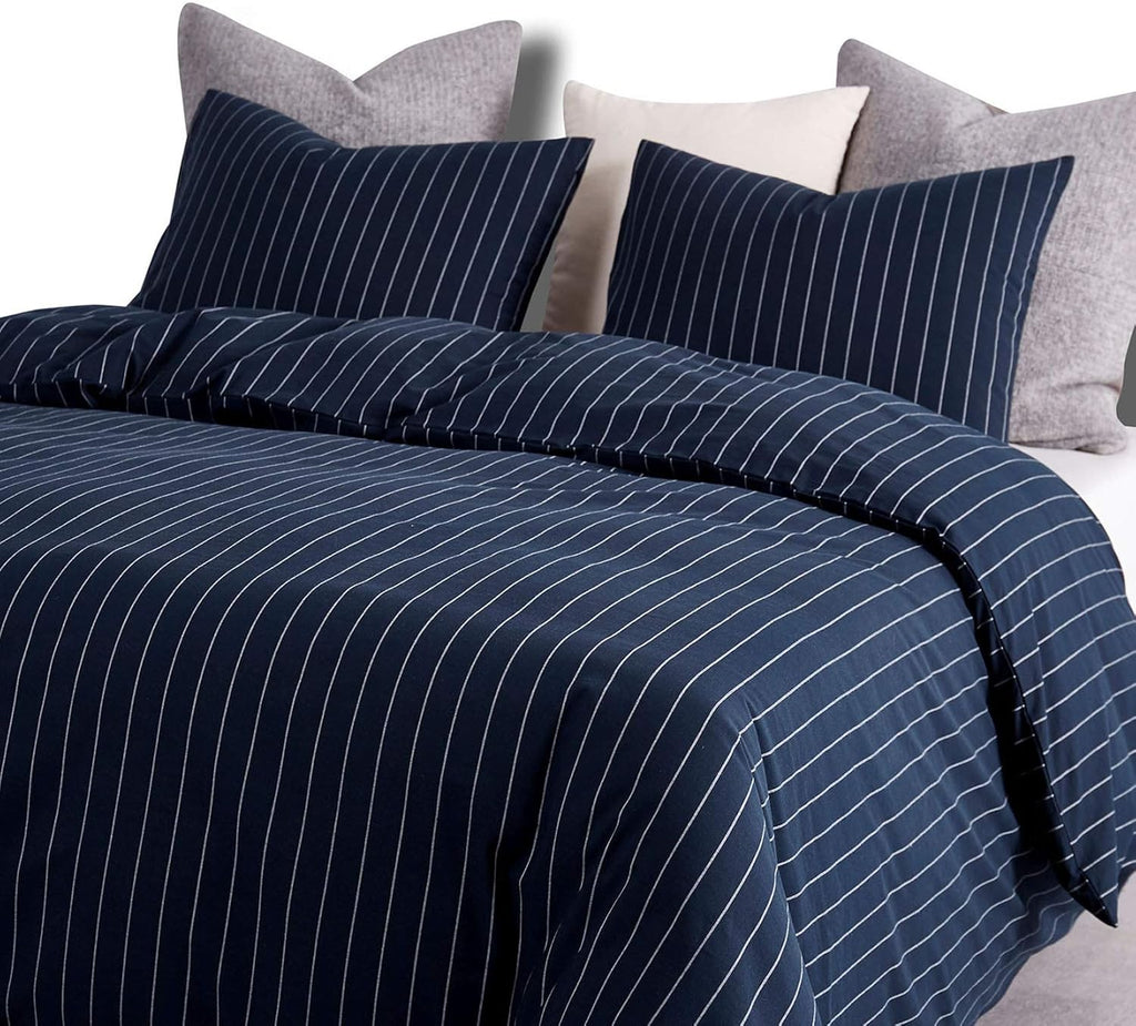 Navy Striped Comforter Set, 100% Washed Cotton, Queen Size F68683