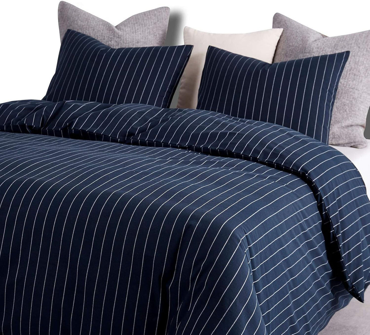 Navy Striped Comforter Set, 100% Washed Cotton, Queen Size F68683