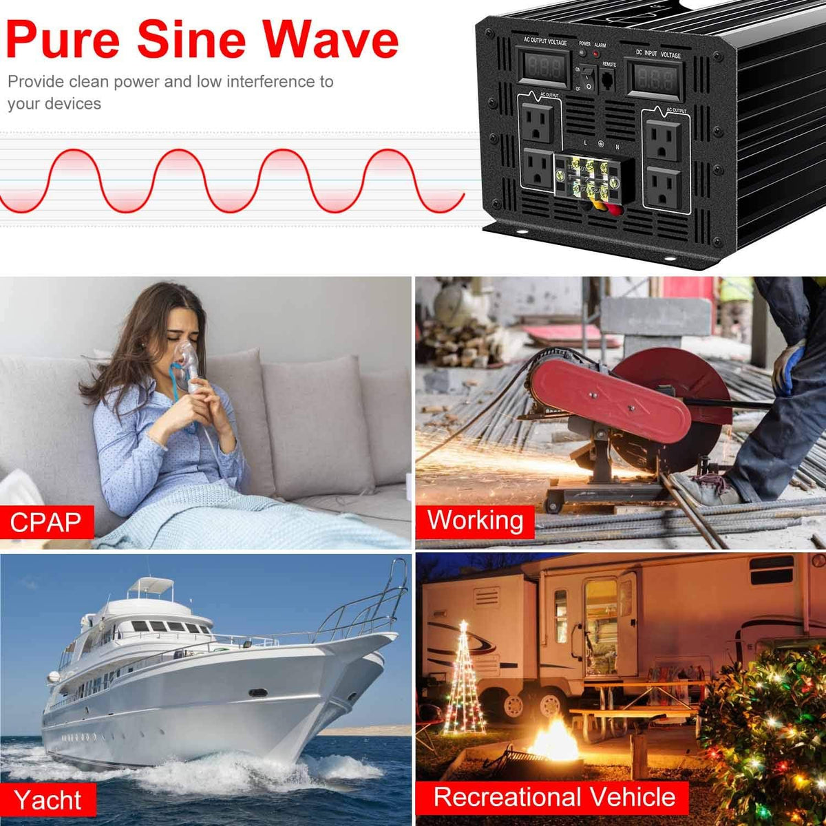 1500W Pure Sine Wave Power Inverter DC 12V AC 120V P165