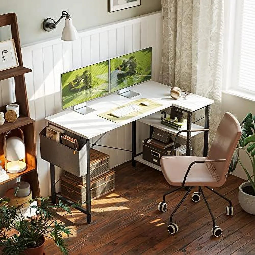 47 Inch Small L Shaped Computer Desk with Shelves White U2141