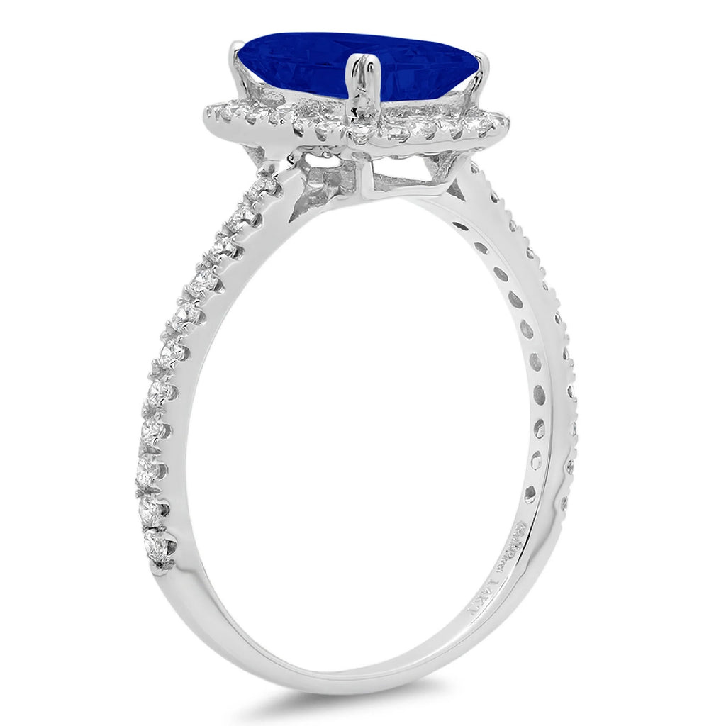 18k White Gold Emerald Cut Blue Halo Ring Size 3.5 D14975