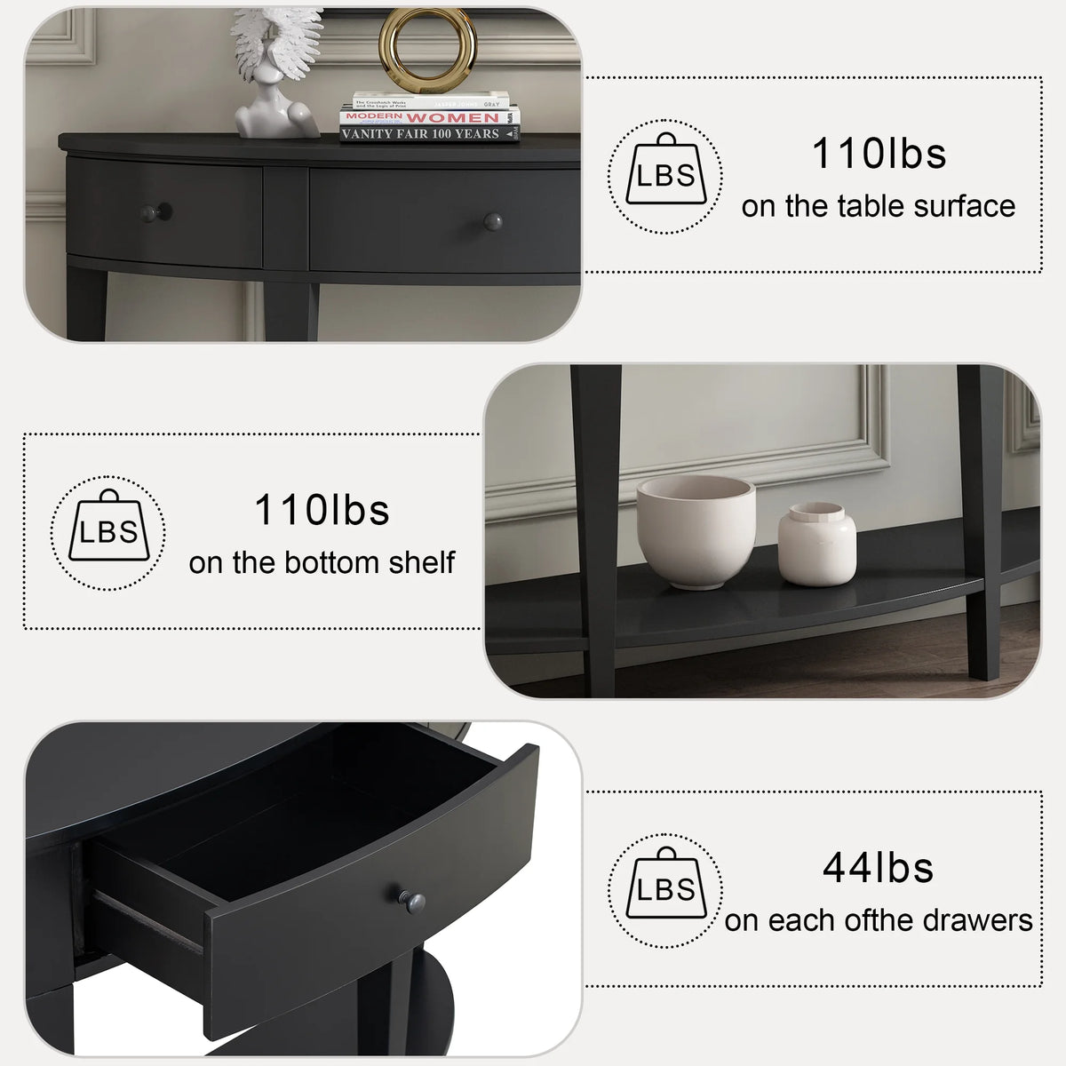 Black Curved Console Table with 3 Drawers C26194