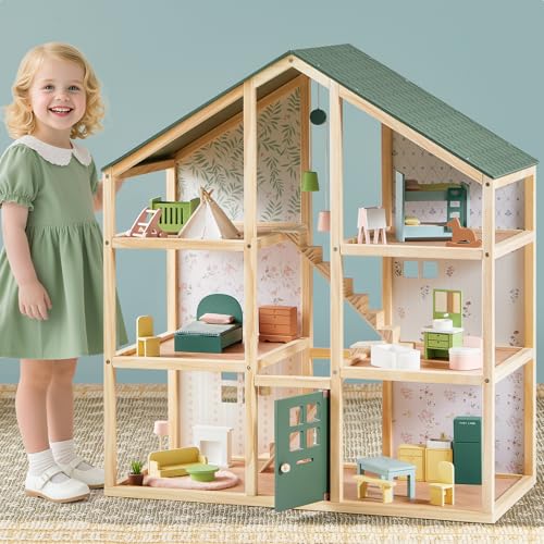 Wooden Dollhouse with 31Pcs Furniture Accessories D8240