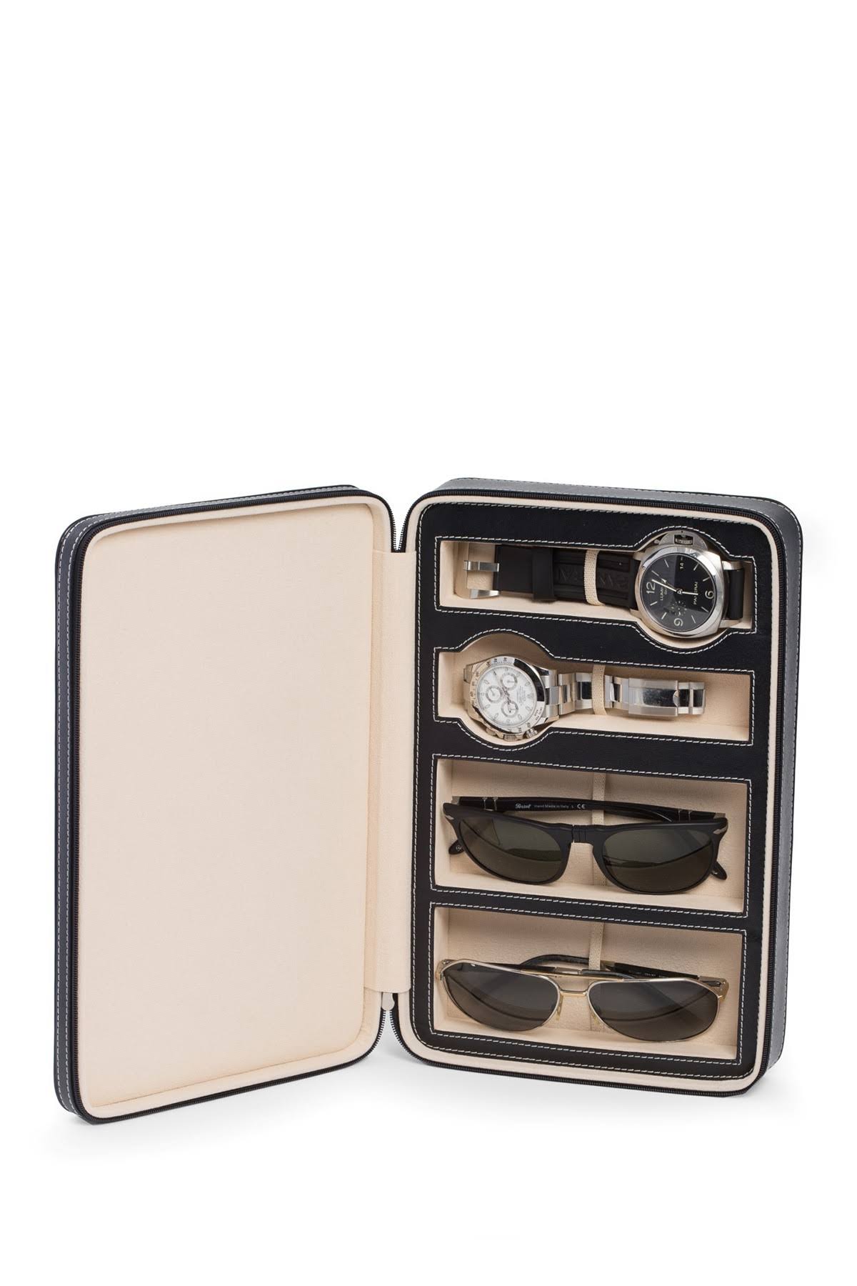 Black Leather Watch & Sunglass Travel Case L55326