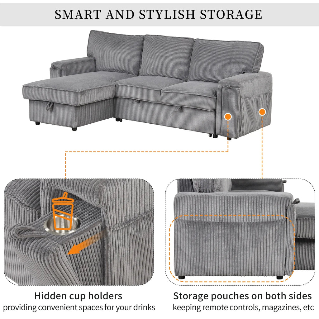5 Seat Corduroy Fabric Sleeper Sectional Sofa with Storage Ottomans E2335