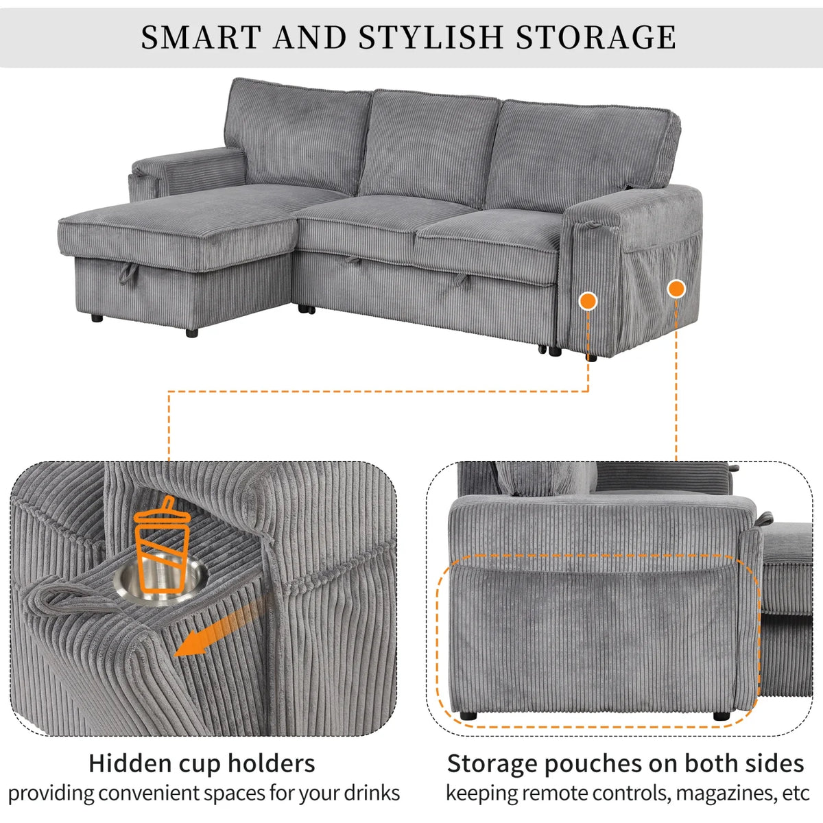 5 Seat Corduroy Fabric Sleeper Sectional Sofa with Storage Ottomans E2335