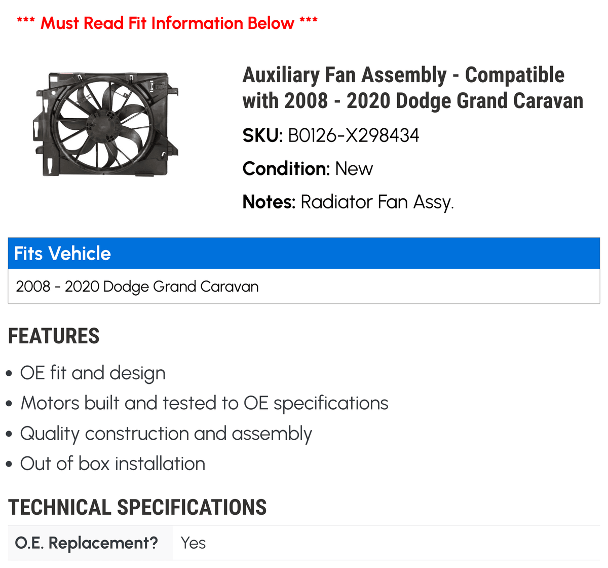 Auxiliary Fan Assembly for Dodge Grand Caravan J7169