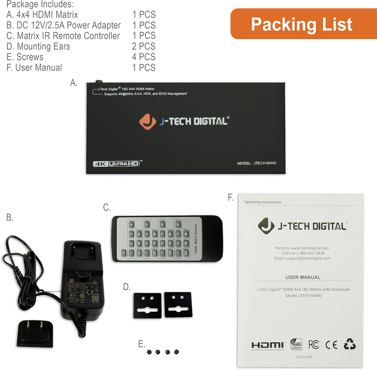 4K 60Hz 4x4 HDMI Matrix Switch with Downscaler EDID HDCP 2.2 HDMI 2.0 K40093