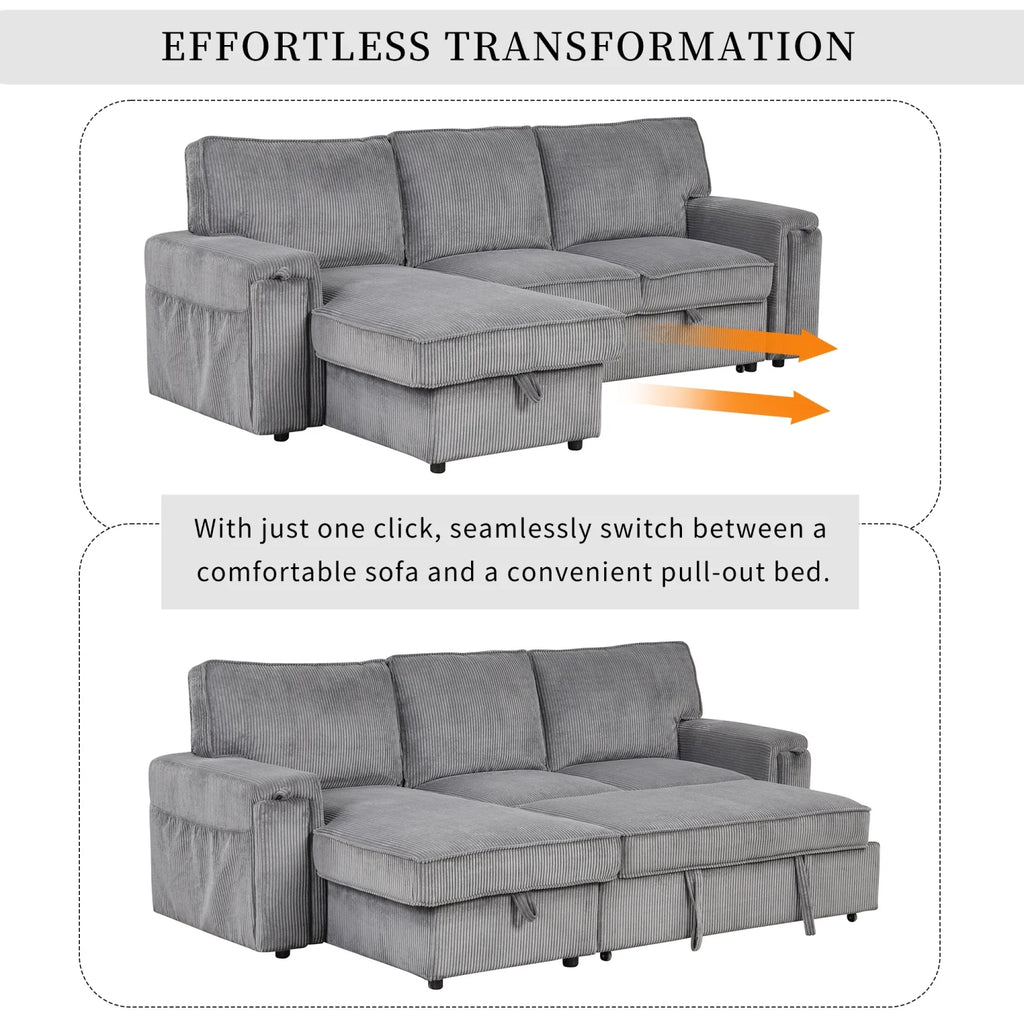 5 Seat Corduroy Fabric Sleeper Sectional Sofa with Storage Ottomans E2335