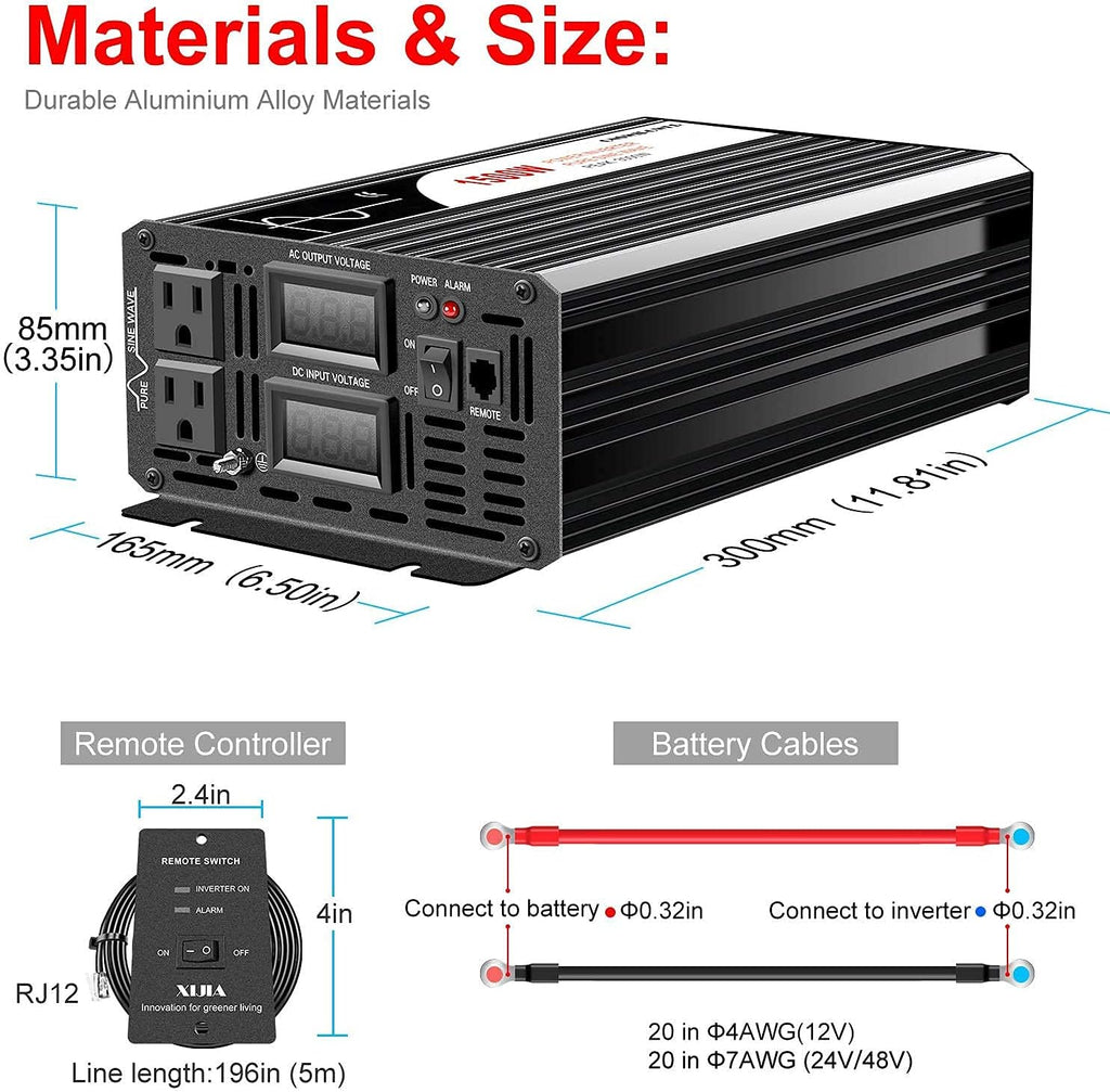 1500W Pure Sine Wave Power Inverter DC 12V AC 120V P165