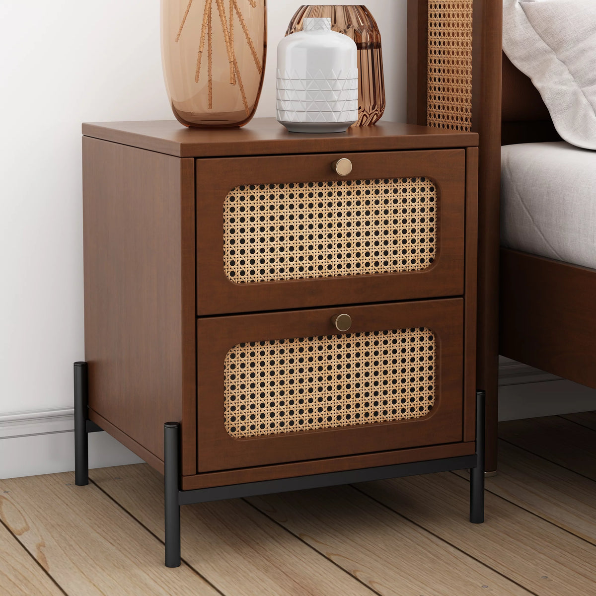2-Drawer Walnut Wood Side Table M804
