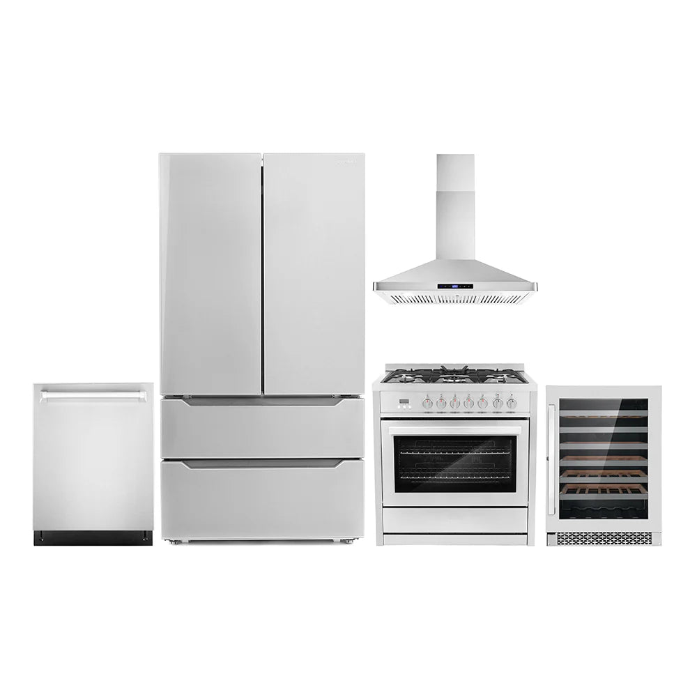 36 Dual Fuel Range, Wall Mount Range Hood, Dishwasher, Refrigerator with Ice Maker and Wine Cooler C243098