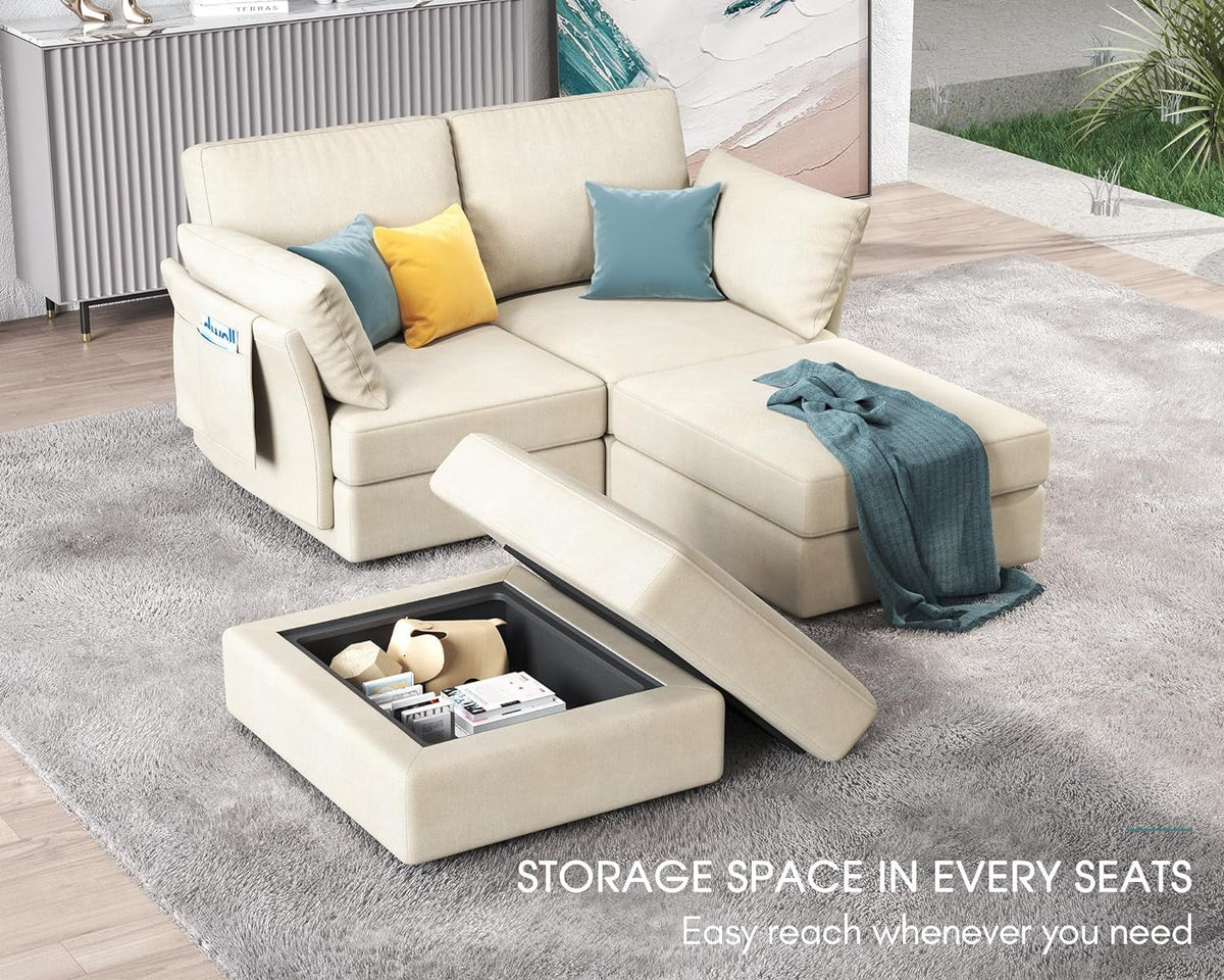 70 Inches Beige Chenille 4 Seats Sectional Sofa with Storage F6044