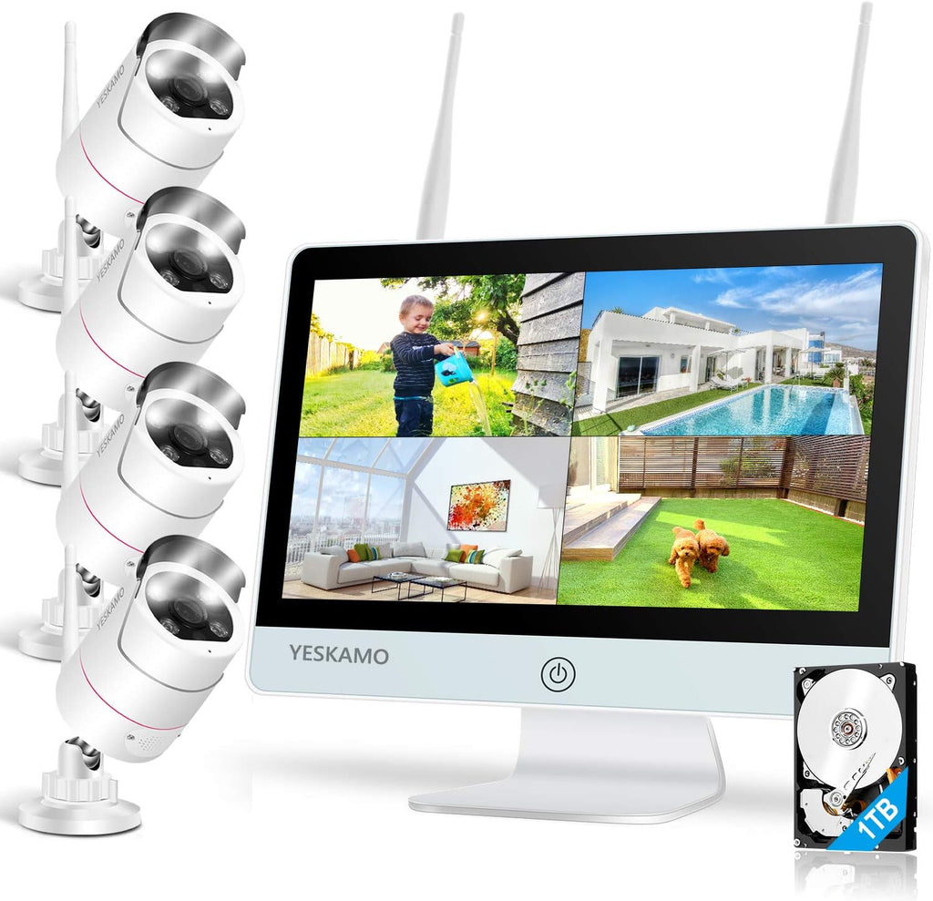 Wireless Security Camera System with 12'' Monitor 2 Way Audio, 3MP WiFi IP Cameras AI Human Detection Siren Alarm, 1080P HD Home Surveillance System with Hard Drive Y7683