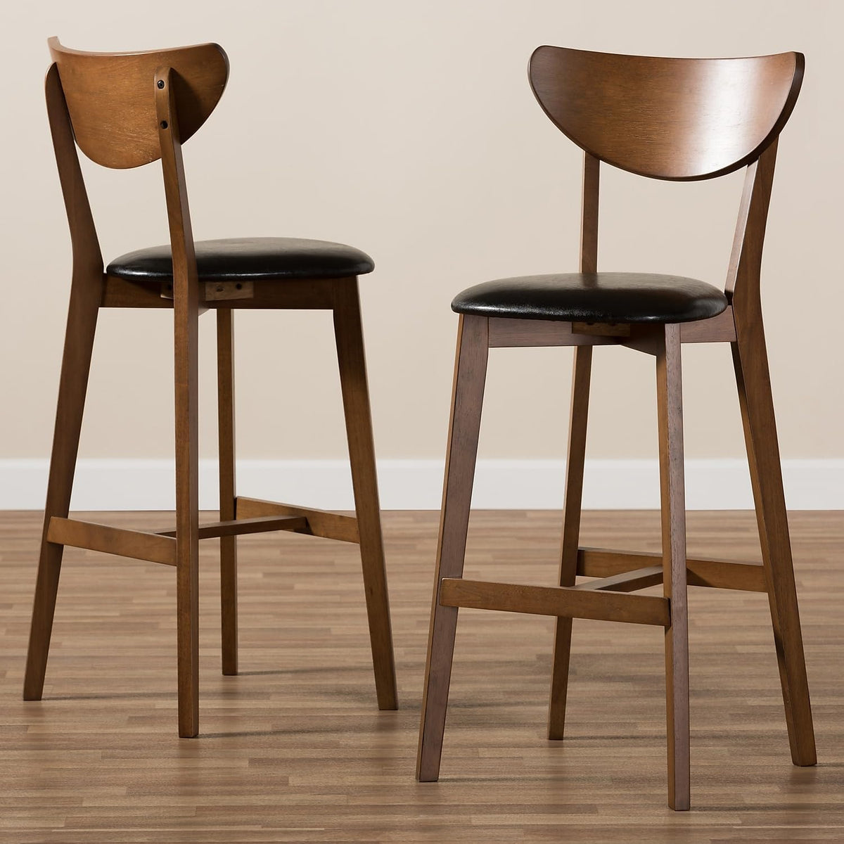 Faux Leather Stool with Back, Black and Walnut Brown, 2-Pieces/Set U9239
