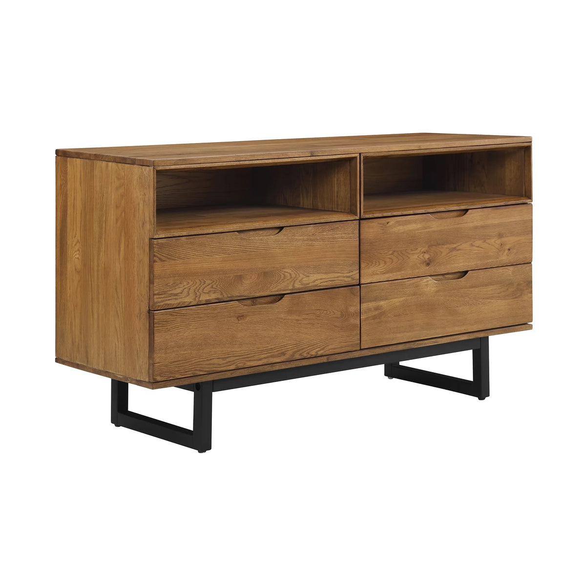 Brown Oak Wood 4 Drawer Dresser with Black Metal Legs M2675