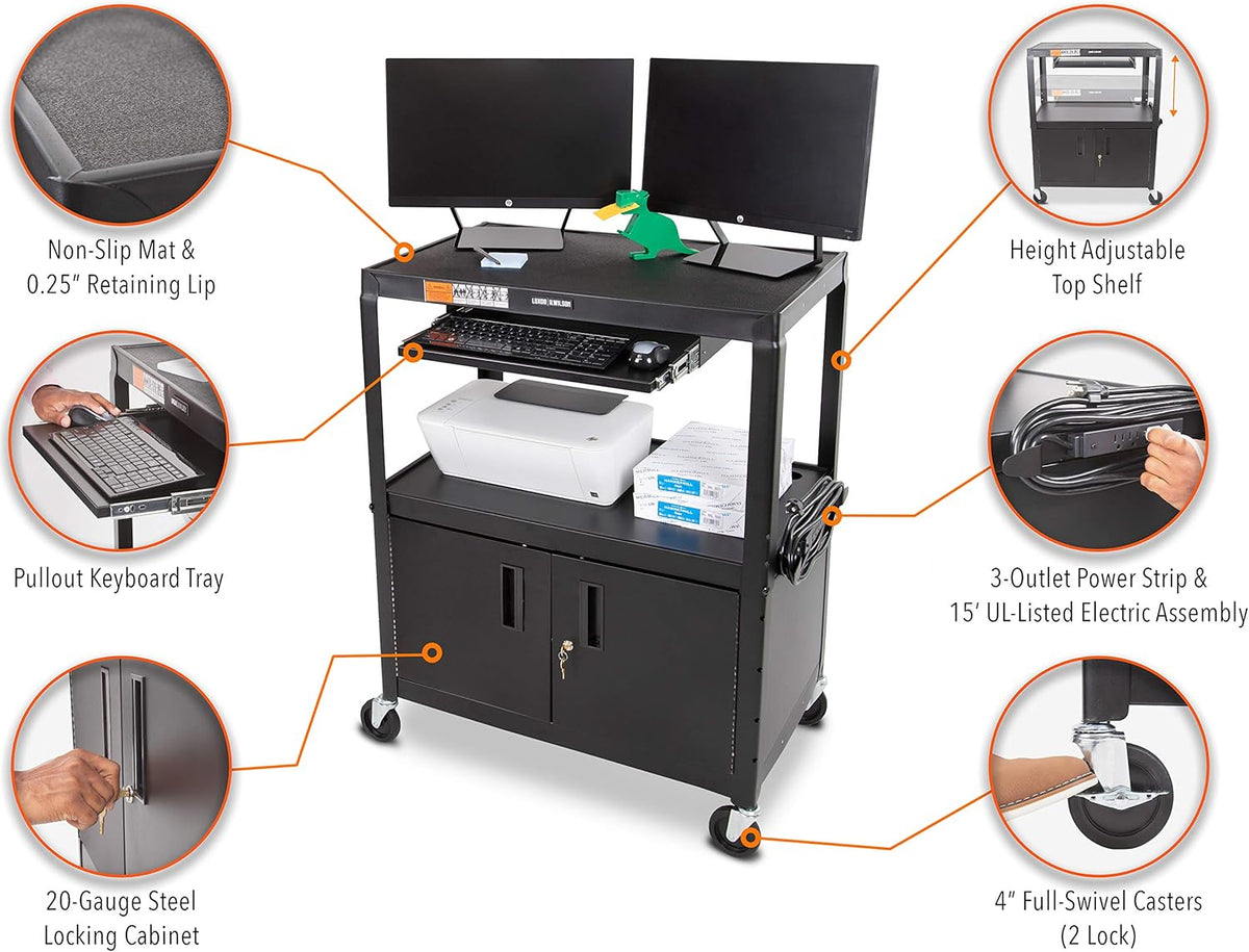Extra Wide AV Cart with Locking Cabinet and Pullout Keyboard Tray S89360
