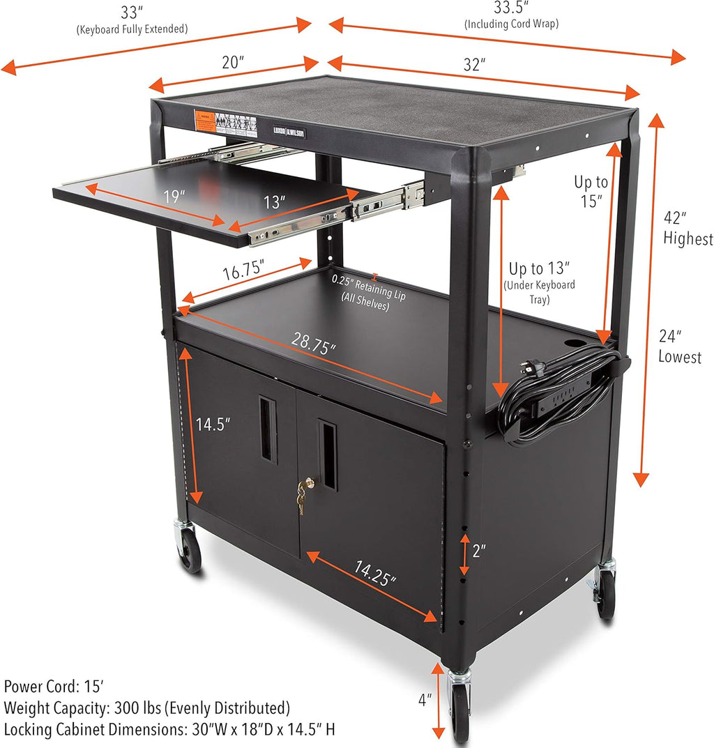 Extra Wide AV Cart with Locking Cabinet and Pullout Keyboard Tray S89360
