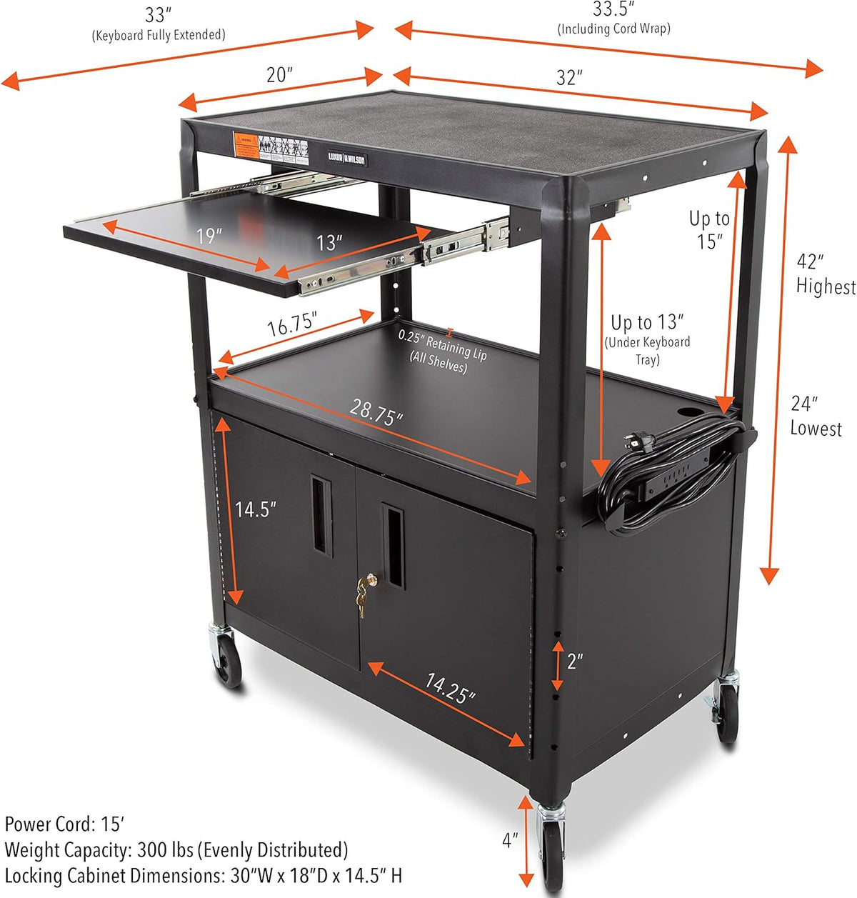 Extra Wide AV Cart with Locking Cabinet and Pullout Keyboard Tray S89360