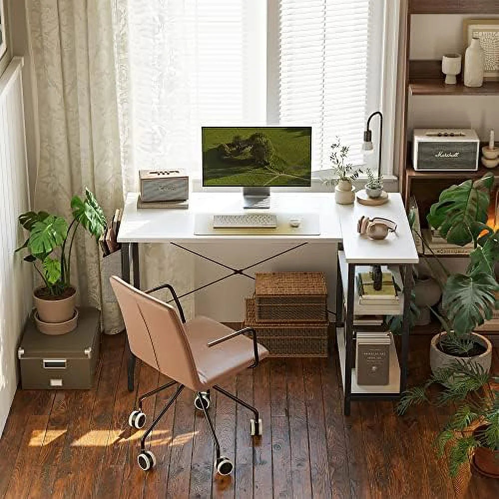 47 Inch Small L Shaped Computer Desk with Shelves White U2141